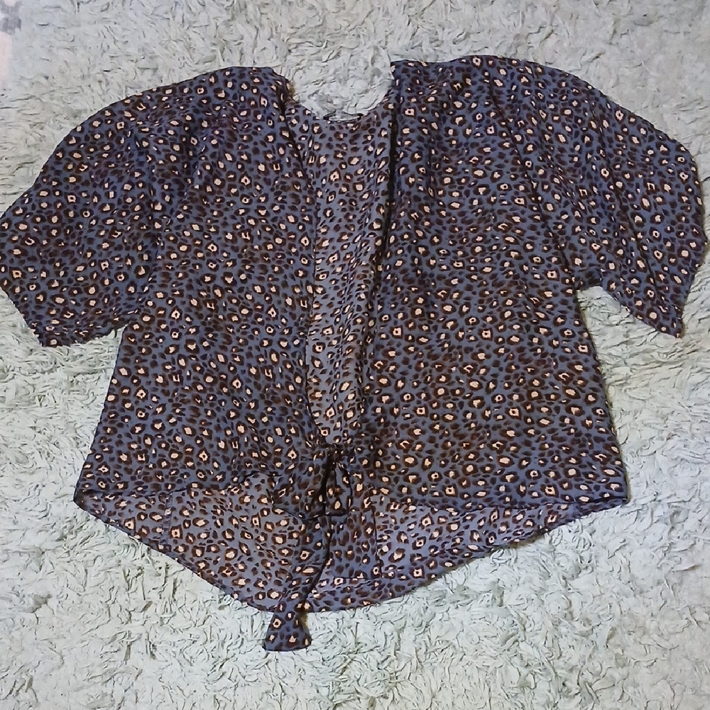 West Key Brown and Blue Leopard Print Tie-Front Blouse